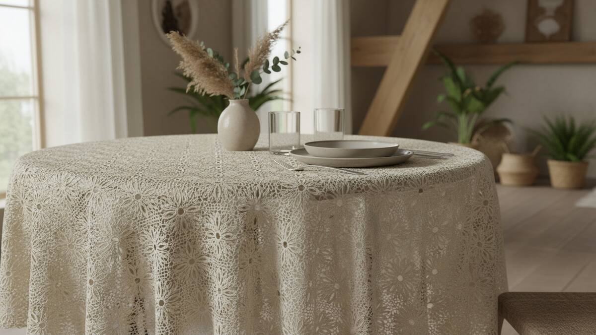 Mesa elegantemente posta com toalha circular de crochê em fio de algodão mercerizado cru cobrindo toda a superfície, com louças neutras e arranjo minimalista, sob iluminação natural que destaca o brilho moderado do fio, o motivo rendado impecável e a textura refinada da peça em ambiente sofisticado.