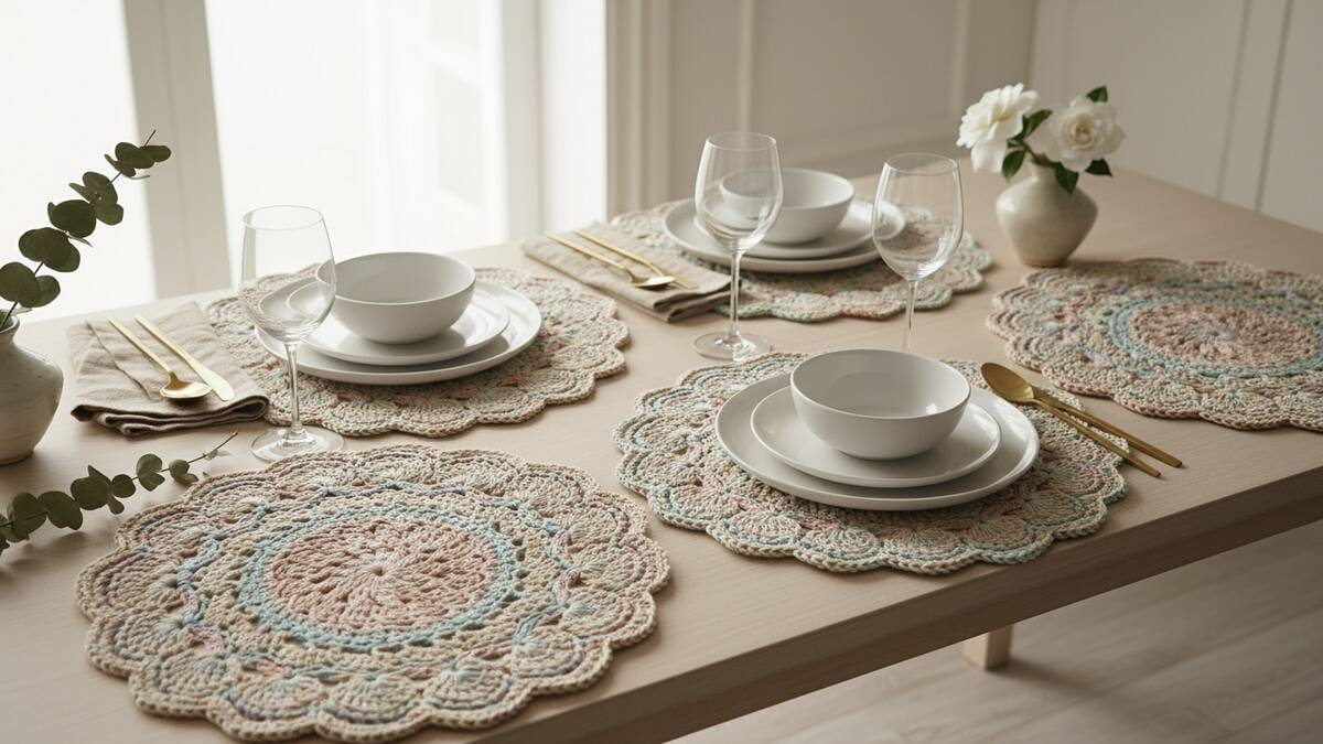 Mesa posta elegante com sousplats de crochê artesanais em tons neutros sob louças claras e taças de vidro translúcido