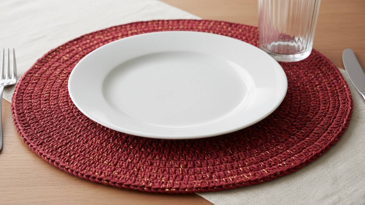 Mesa elegante com sousplat redondo de crochê vinho com detalhes dourados emoldurando prato branco sob luz natural difusa