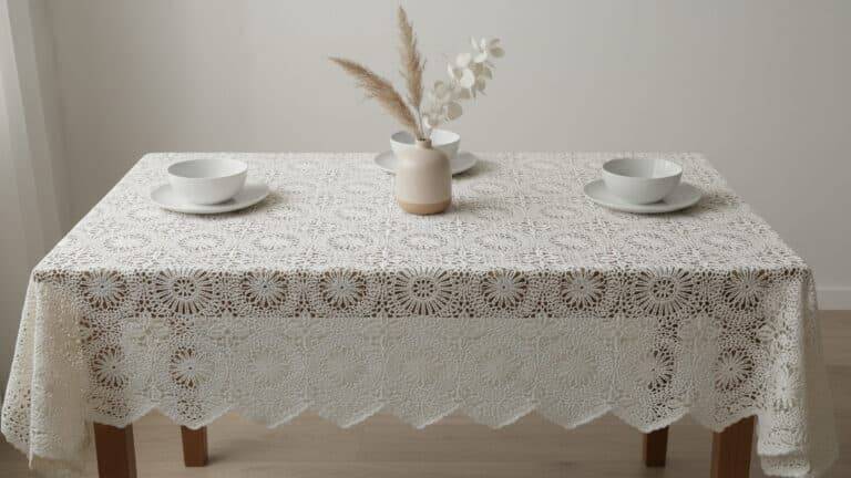 Mesa de jantar com toalha de crochê cru em algodão mercerizado sobre mesa de madeira clara com louça branca e vaso neutro