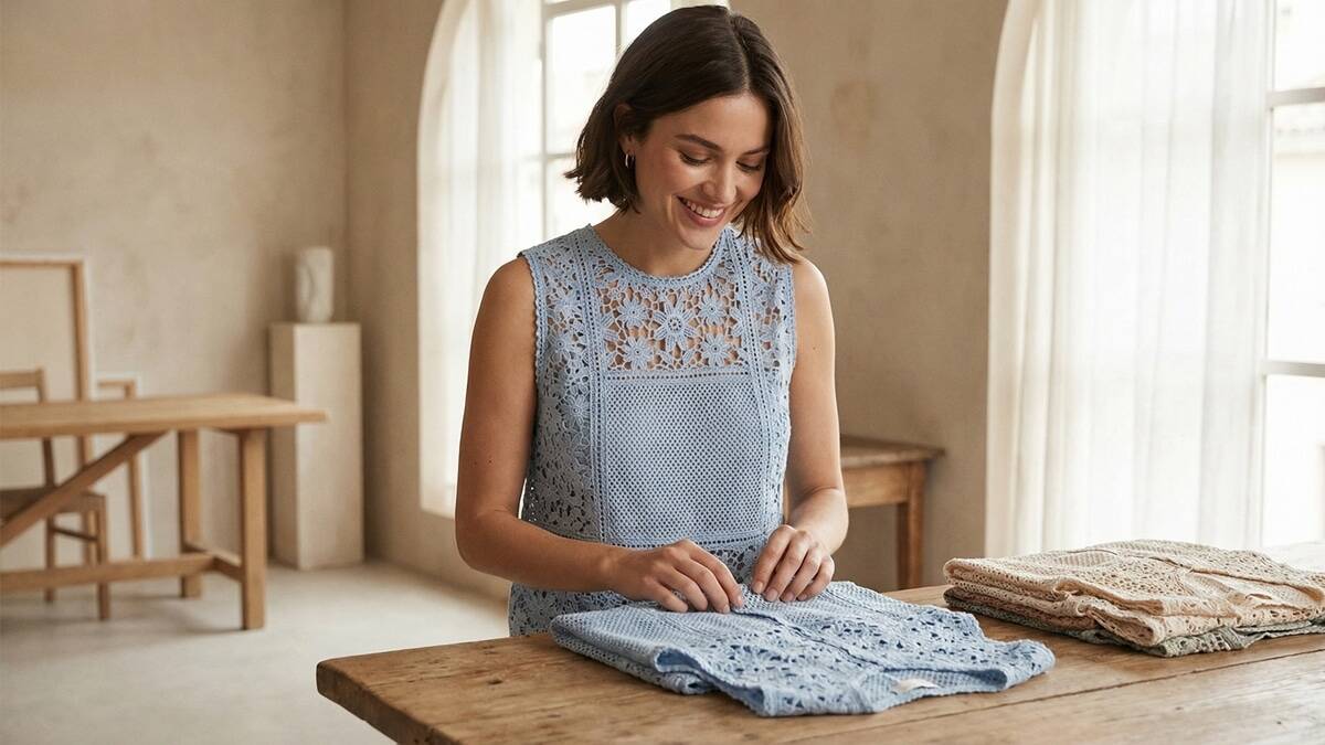 Mulher sorrindo usando blusa de crochê azul sem mangas com detalhes em ambiente de ateliê unificado.