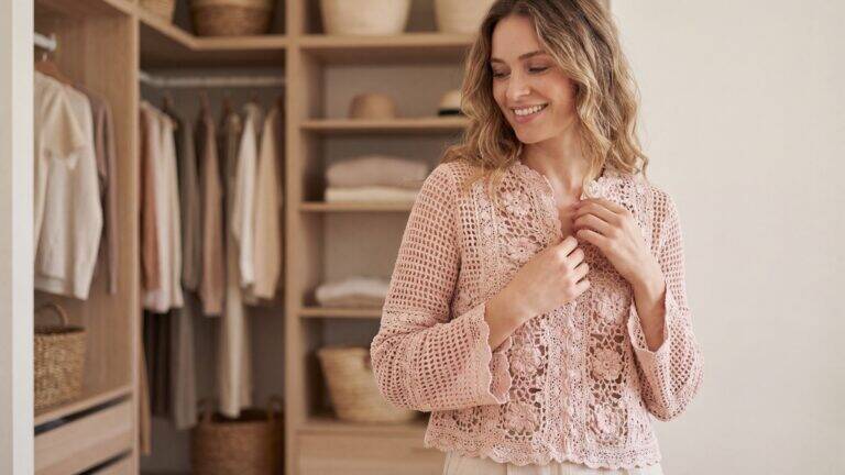 Mulher sorridente em closet minimalista usando blusa artesanal de crochê em algodão rosa, estilo boho-romântico, com fundo neutro e luz natural difusa destacando a trama rendada delicada e sua expressão alegre.