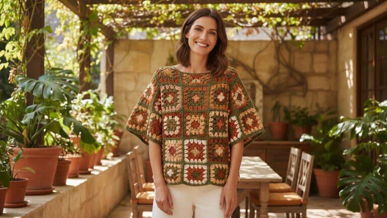 Mulher sorridente usando blusa de crochê artesanal com squares em tons terrosos elegantes, em cenário veranil com iluminação natural difusa e plantas verdes ao fundo, destacando a textura do trabalho artesanal em estilo boho.