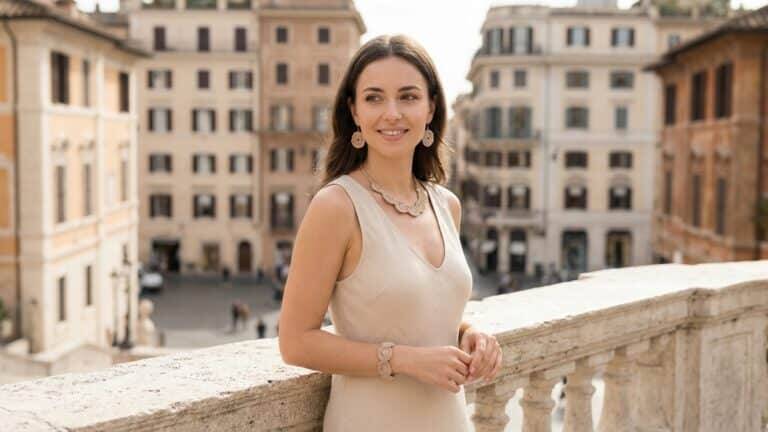Mulher jovem elegante apoiada em balaústre de pedra clara, usando vestido sem mangas bege/creme claro com decote em V, acessórios artesanais de crochê em tons bege/creme incluindo brincos circulares detalhados, colar gargantilha com padrão intrincado em formato de vieiras ou flores, e pulseira circular.