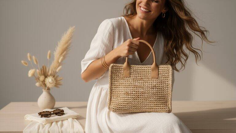 Mulher sorrindo usando bolsa de crochê em ráfia natural com alças de couro bege em ambiente iluminado com elementos de verão