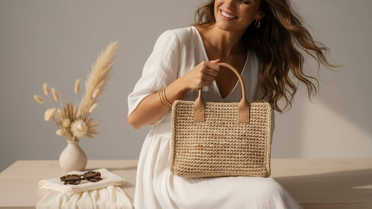 Mulher sorrindo usando bolsa de crochê em ráfia natural com alças de couro bege em ambiente iluminado com elementos de verão