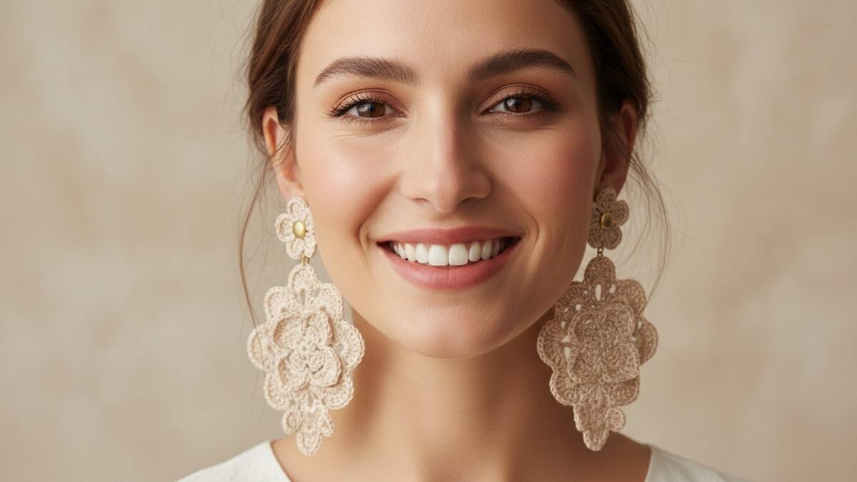 Mulher sorrindo usando brincos de crochê artesanais delicados com ferragens douradas em fundo neutro com iluminação suave