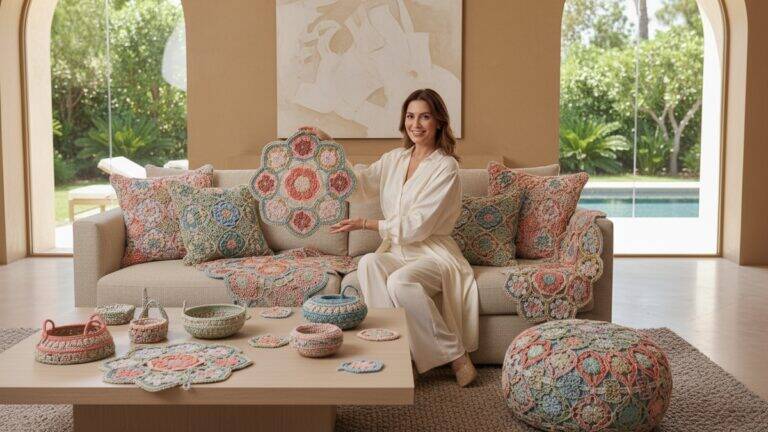 Mulher em ambiente de estúdio exibindo peças decorativas de crochê colorido com toques metálicos em cenário de casa aconchegante e contemporânea