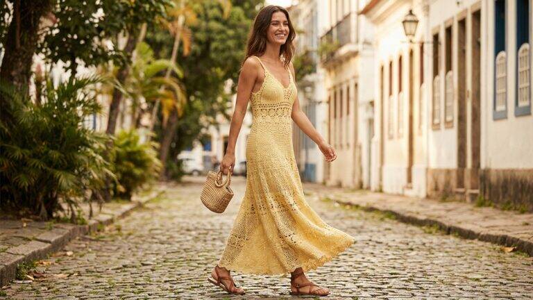 Mulher sorrindo usando vestido de crochê amarelo em ambiente urbano de verão no Brasil com caimento suave.