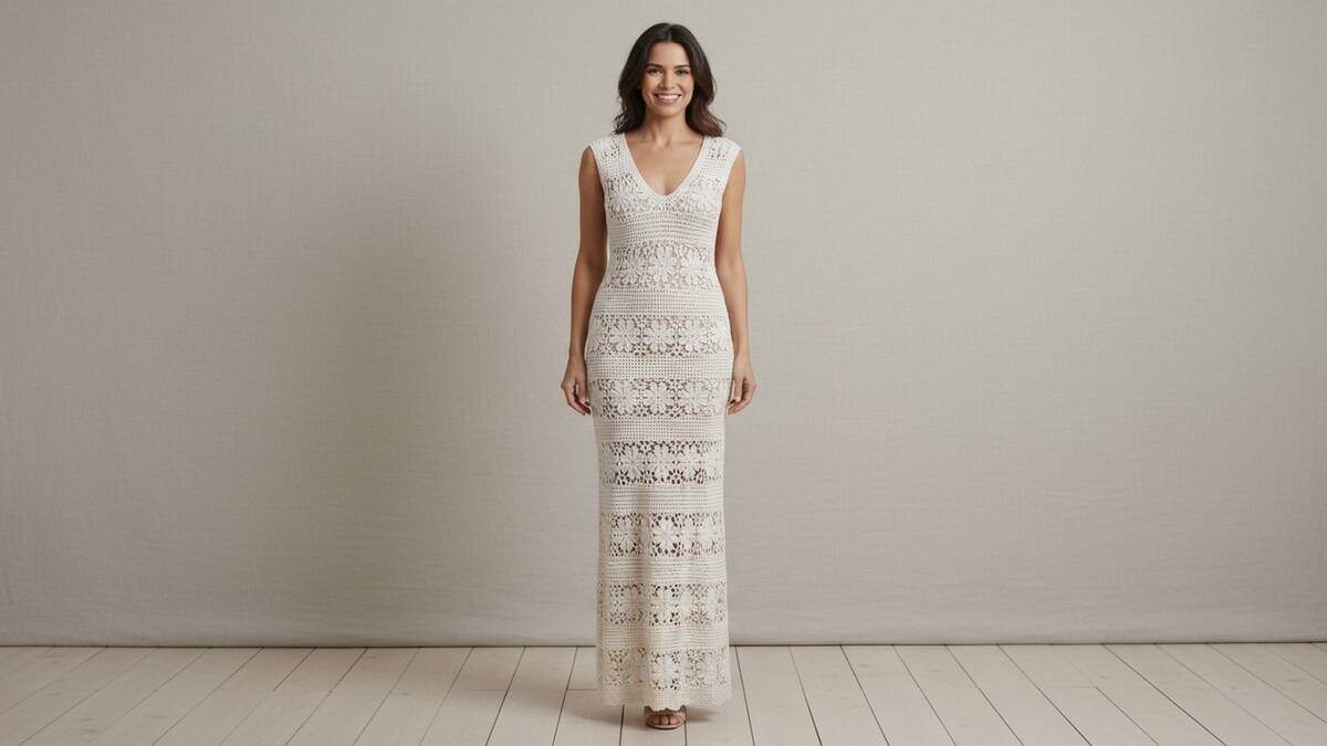 Mulher sorridente usando vestido longo de crochê artesanal em tom off-white com silhueta coluna, decote V e detalhes em renda delicada, em ambiente minimalista com luz natural destacando a textura do trabalho manual.