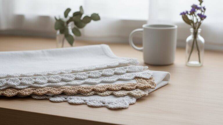 Bancada de cozinha com panos de prato brancos dobrados exibindo barradinhos de crochê delicados em ambiente clean com xícara e flores secas