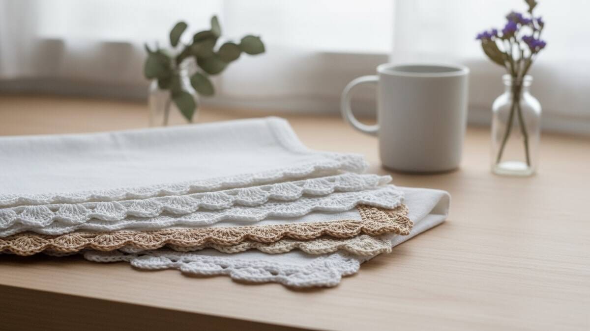 Bancada de cozinha com panos de prato brancos dobrados exibindo barradinhos de crochê delicados em ambiente clean com xícara e flores secas