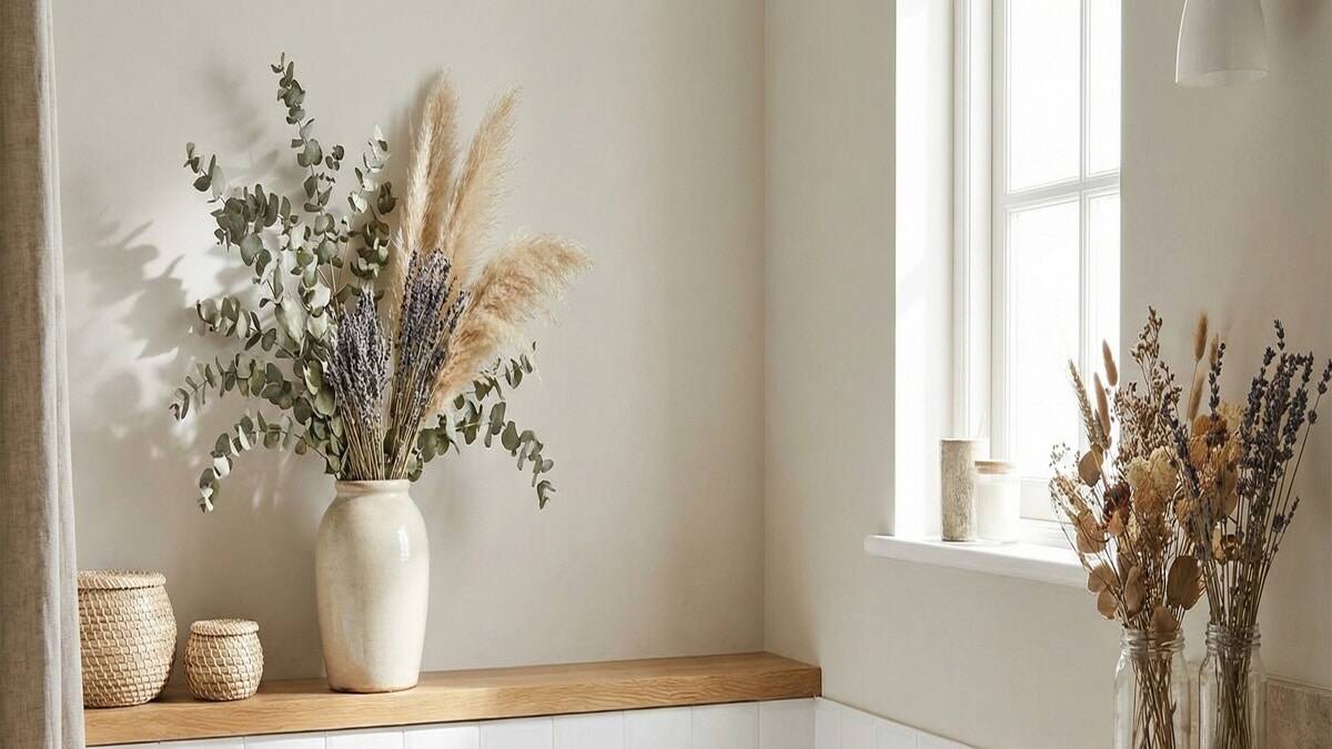 Plantas secas decorando banheiro