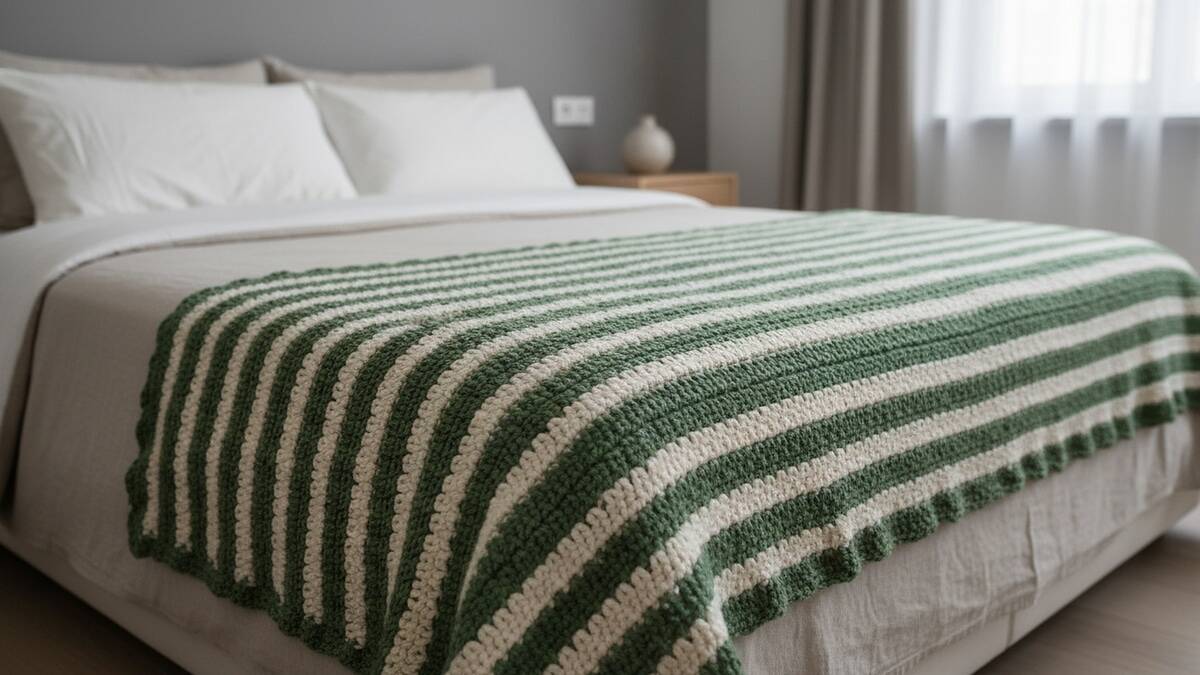 Quarto elegante com peseira de crochê verde listrado ao pé da cama sobre enxoval neutro, destacando textura e acabamento artesanal