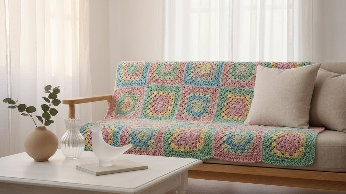 Sala aconchegante com sofá de madeira clara decorado com uma manta de crochê artesanal em quadradinhos coloridos em tons pastéis, complementada por almofadas neutras e decoração suave em ambiente com iluminação natural difusa.