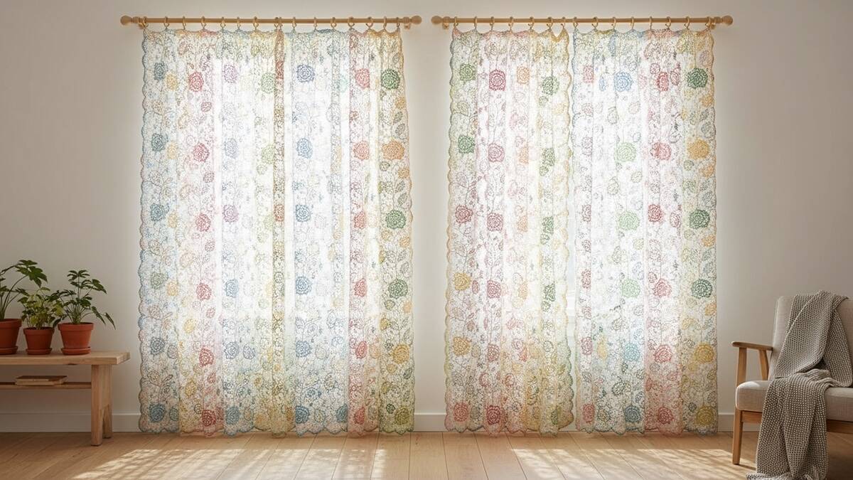 Sala iluminada com cortinas de crochê coloridas em padrão floral penduradas em varão de madeira clara