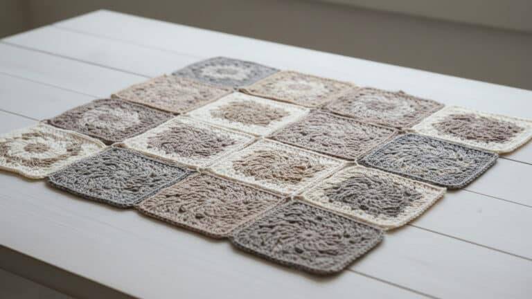 Squares de crochê em fio de algodão cru e tons naturais organizados sobre superfície de madeira clara, destacando tramas e texturas artesanais