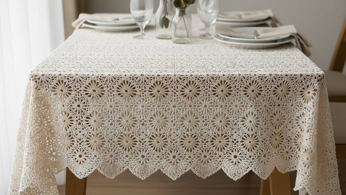 Mesa de madeira completamente coberta por toalha de crochê fina em tons off-white e bege com detalhes dourados vista de cima