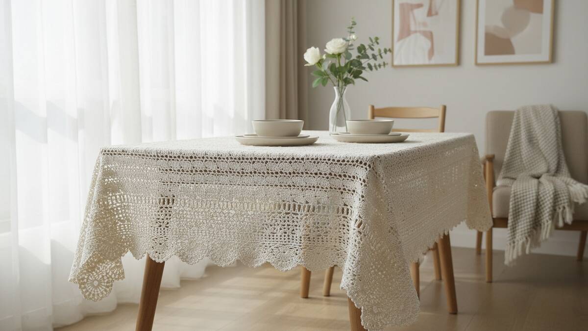 Sala de jantar com toalha de mesa de crochê em tons neutros sobre mesa de madeira clara, com louça neutra e vaso de flores discretas