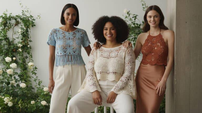 Três mulheres diversas em poses diferentes usando croppeds de crochê com fundo de jardim