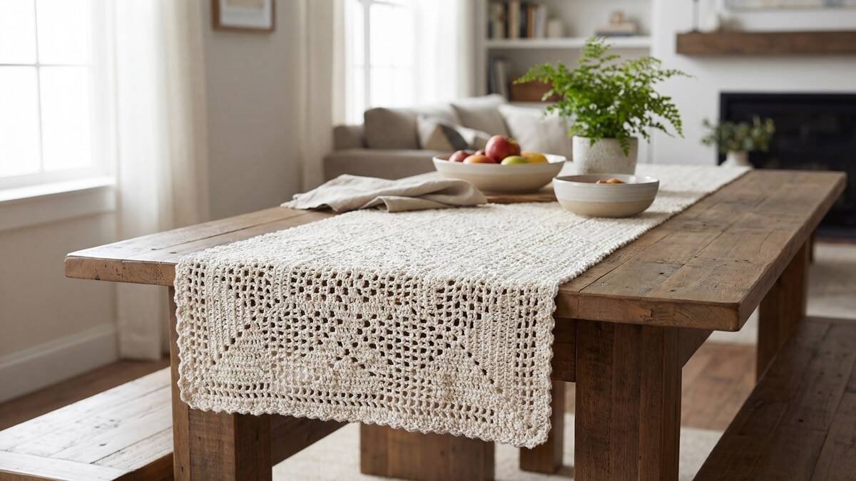 Trilho de mesa em crochê artesanal de algodão cru com trama delicada, disposto sobre mesa posta minimalista em ambiente aconchegante com luz natural difusa destacando pontos e relevos.