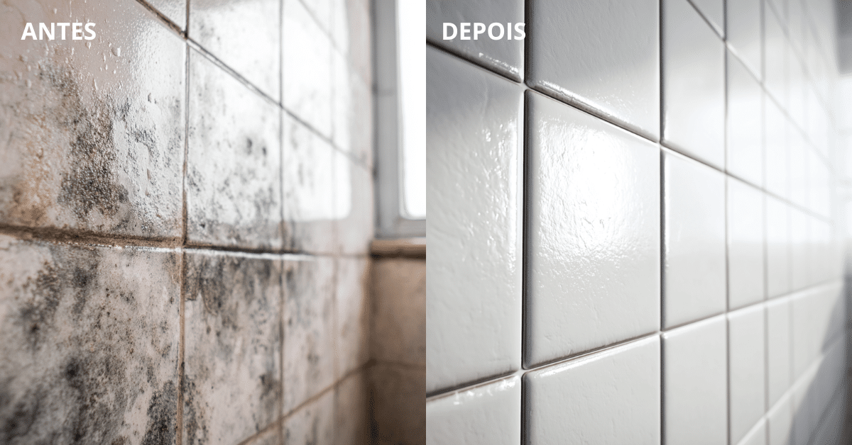 Imagem ilustrativa do antes e depois de um azulejo limpo com vinagre branco