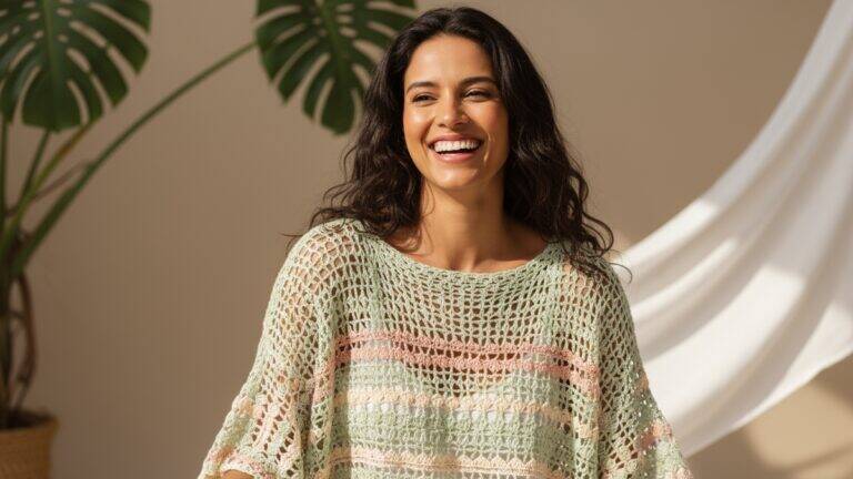 Mulher brasileira sorrindo usando blusa de crochê verde claro artesanal em ambiente iluminado com elementos de verão