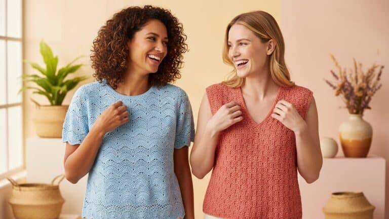 Duas mulheres sorrindo usando blusas de crochê artesanais em cores diferentes, modelo simples e elegante com fundo criativo e quente