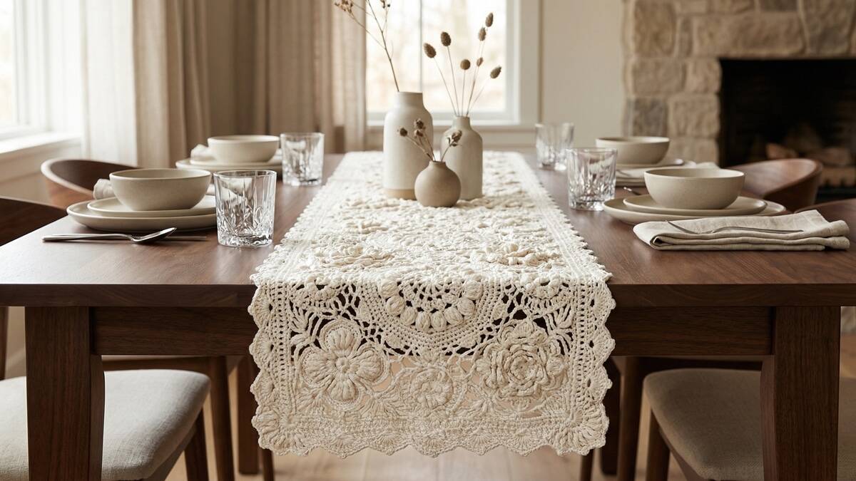 Sala de jantar refinada com caminho de mesa de crochê de luxo artesanal em algodão off-white com motivos florais em mesa de madeira nobre
