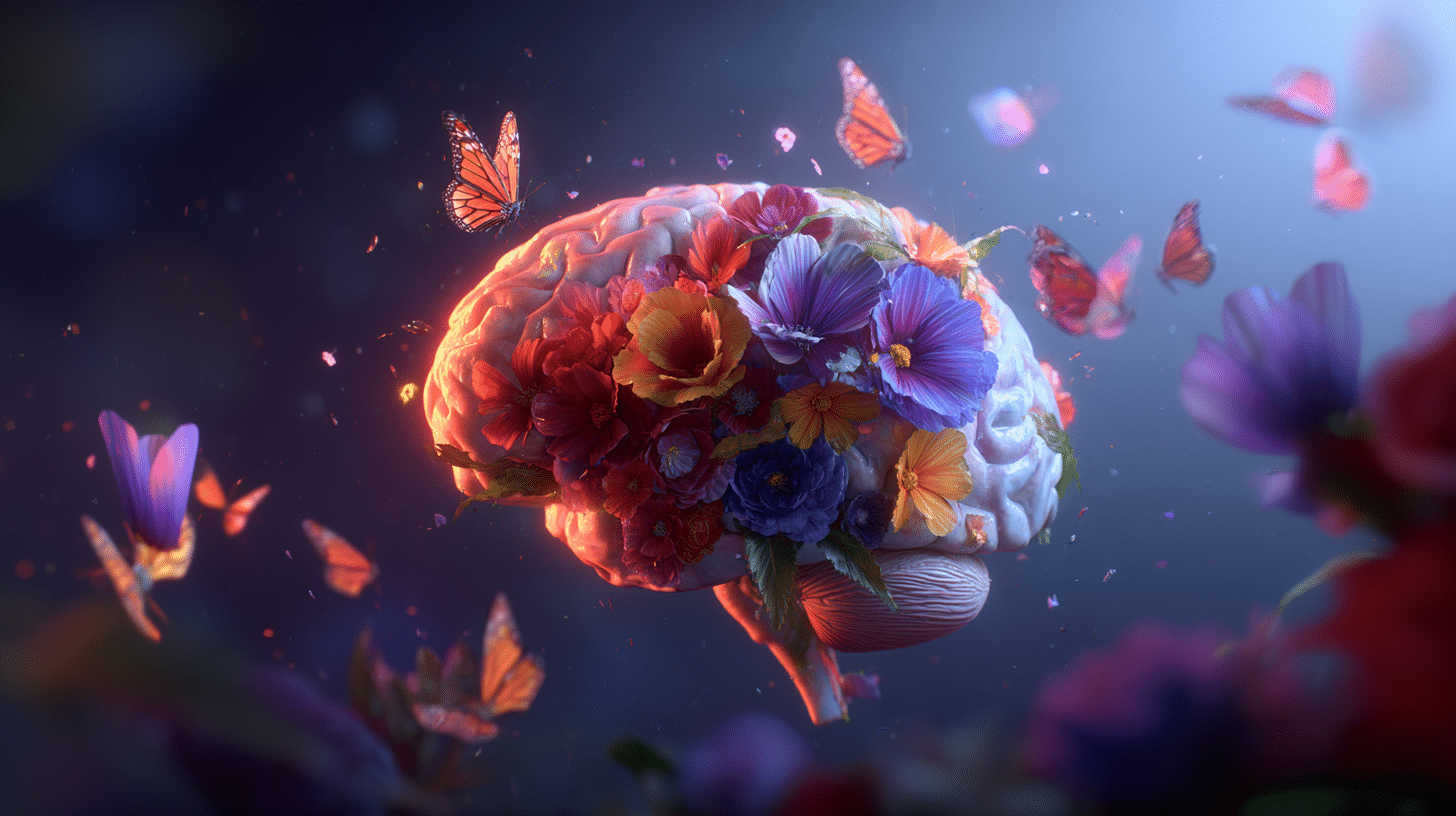 A imagem mostra um cérebro do qual nascem flores, com borboletas voando ao redor — uma representação simbólica e poética de uma mente tendo pensamentos positivos, criatividade e transformação mental.