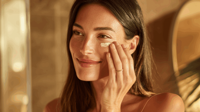 Mulher com creme para os olhos aplicado sob a pele abaixo dos olhos