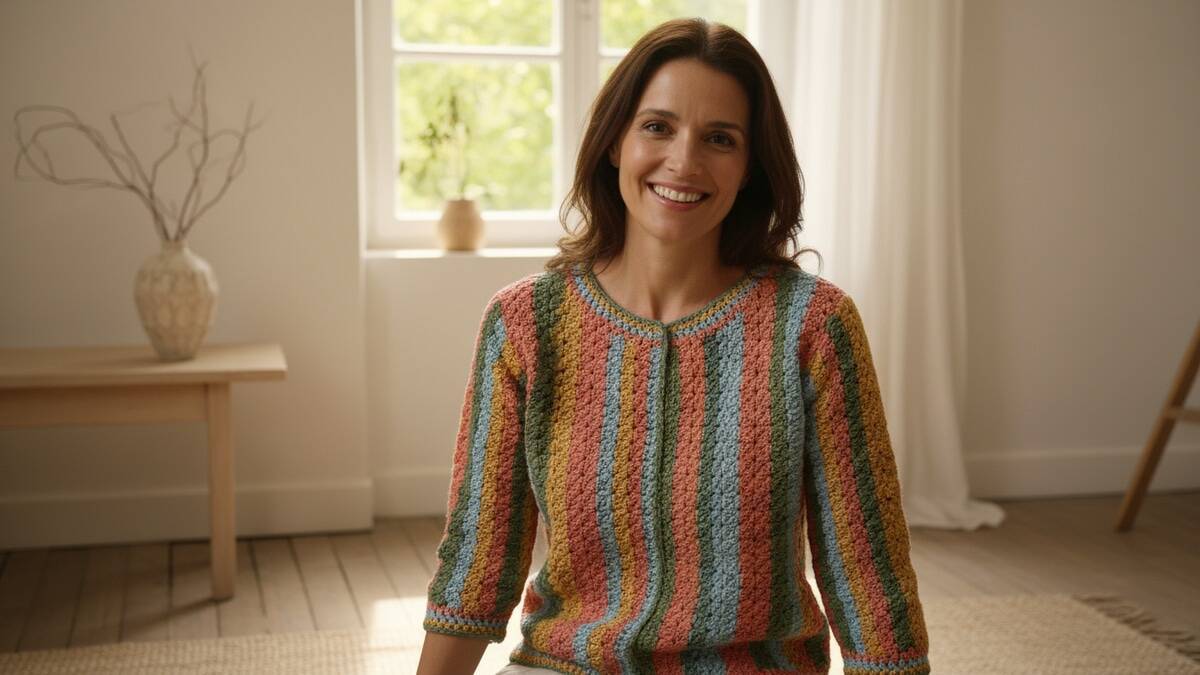 Mulher sorridente usando blusa de crochê colorida em ambiente naturalista com iluminação suave, decoração minimalista com vaso de cerâmica e elementos secos