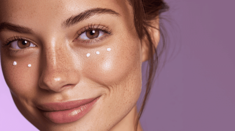 Mulher com creme para os olhos aplicado sob a pele abaixo dos olhos