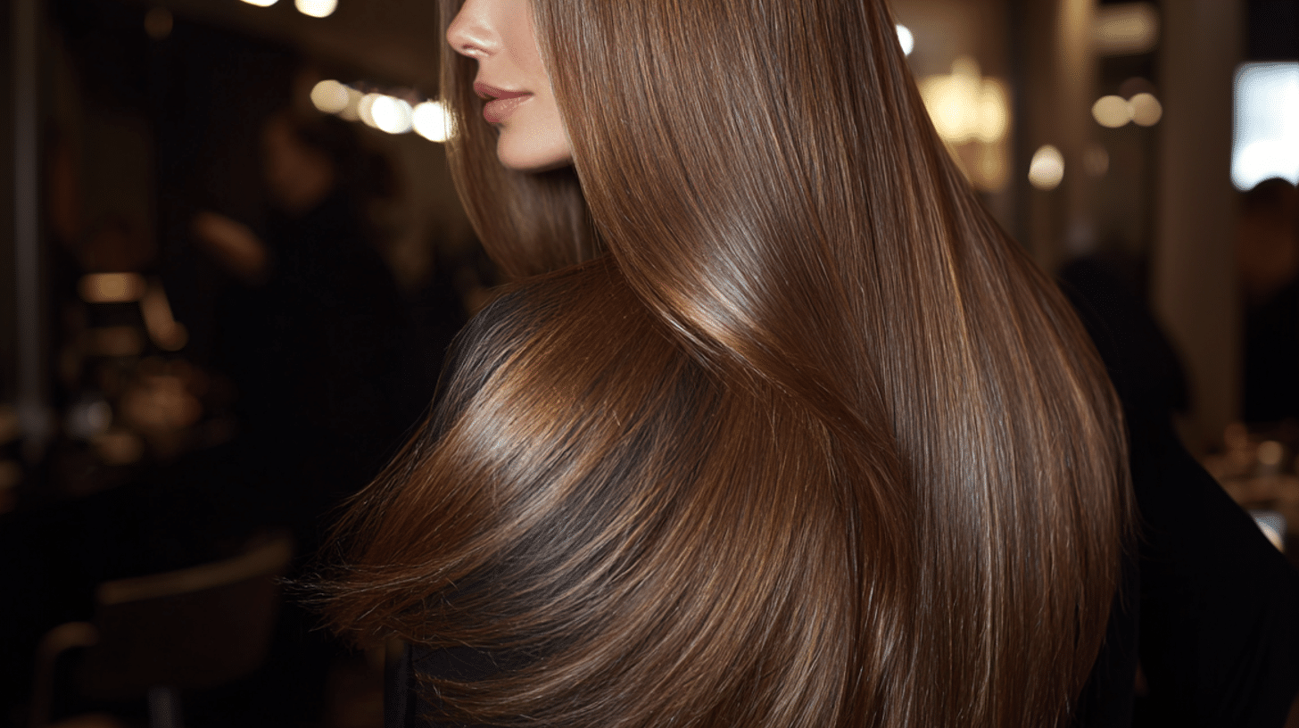 Mulher exibindo cabelo longo com brilho