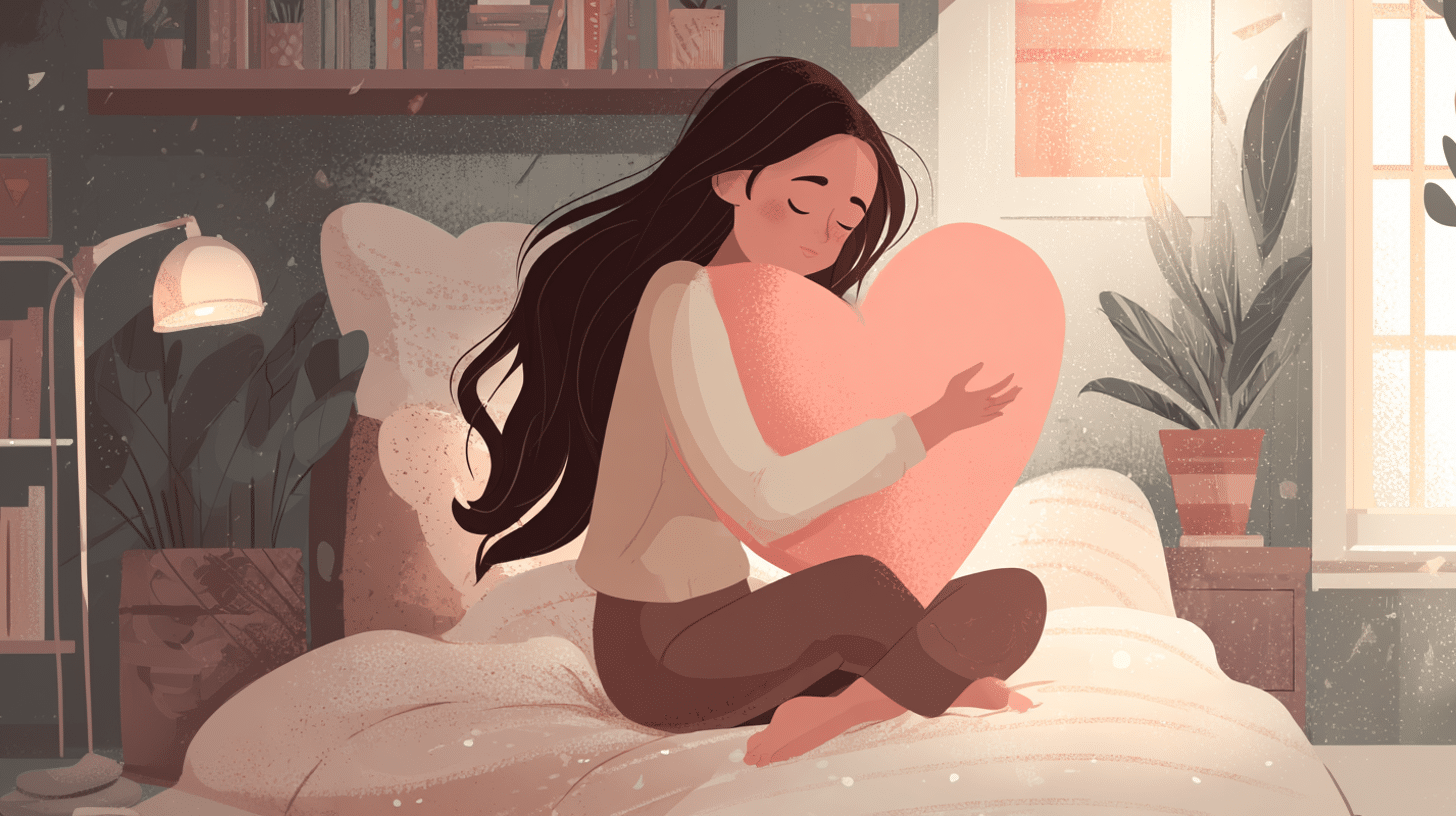 A imagem mostra uma mulher abraçando um grande coração com expressão serena, simbolizando o amor-próprio e o cuidado emocional que sustentam a verdadeira autoestima