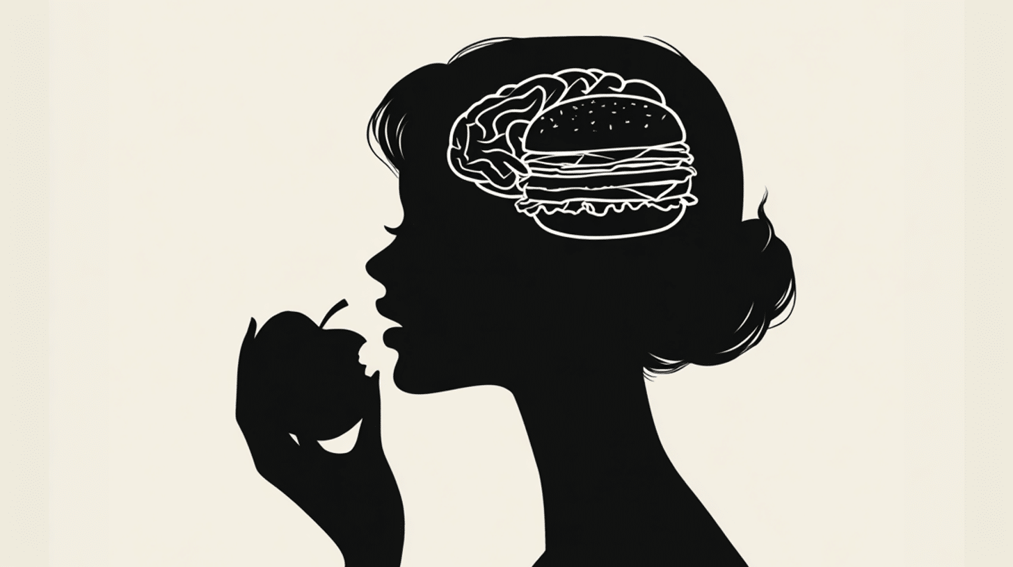 A imagem mostra a silhueta de uma mulher comendo uma maçã, enquanto dentro da cabeça dela aparece o desenho de um hambúrguer ocupando o lugar do cérebro representando nossa dificuldade em manter hábitos saudáveis