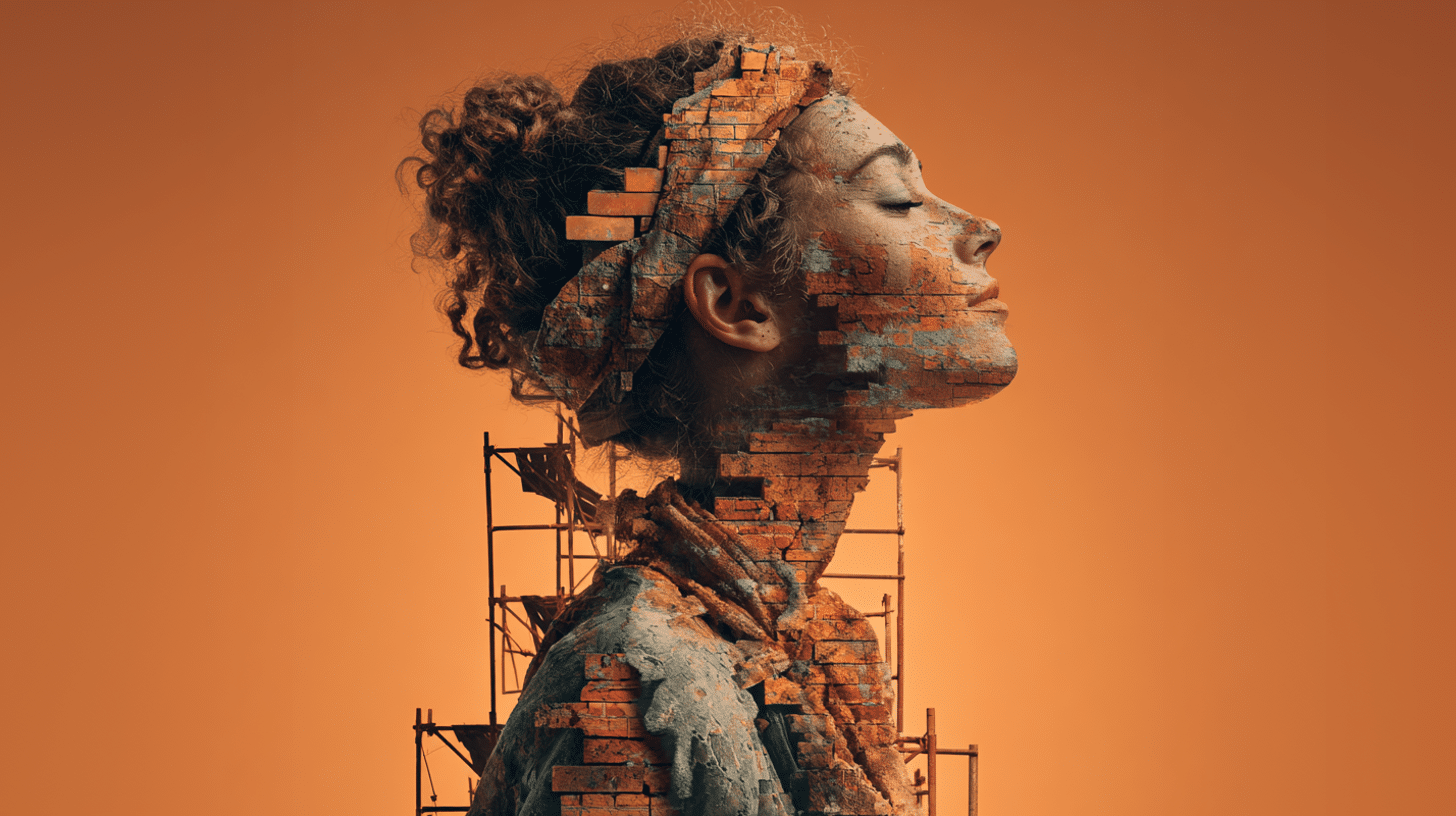Uma mulher feita de tijolos e concreto, em construção, simbolizando o processo de construir uma autoestima inabalável