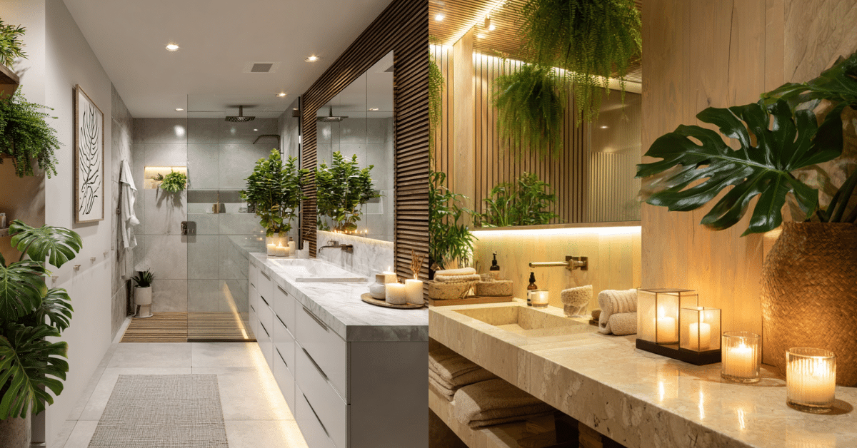 Banheiro transformado em um SPA natural, com plantas, luz quente e velas que criam um clima relaxante voltado para o bem-estar