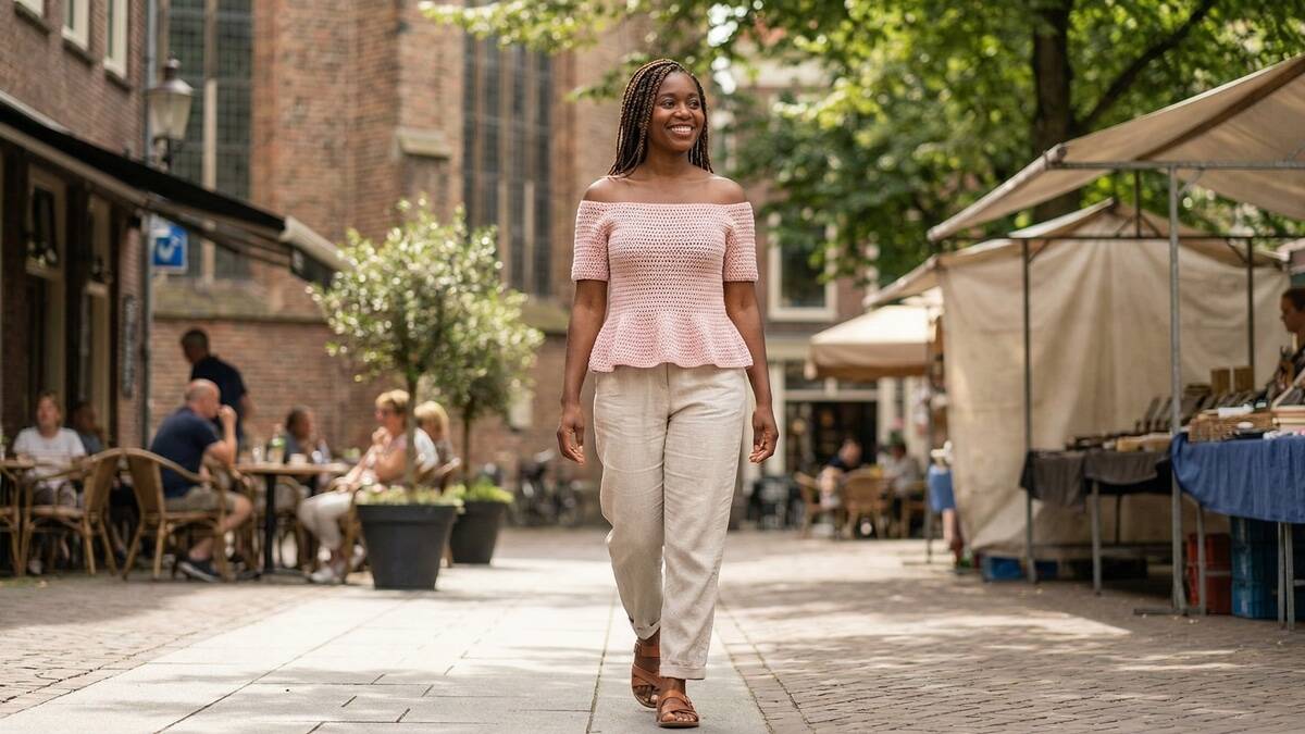 Mulher sorrindo usando blusa de crochê ciganinha rosa com mangas curtas em ambiente urbano de verão