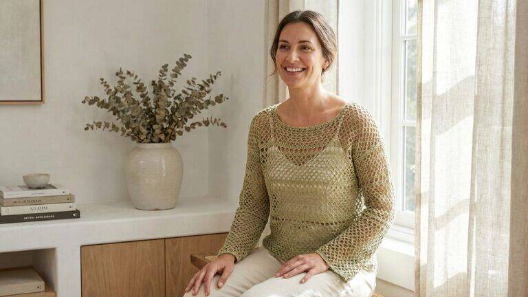 Mulher sorrindo usando blusa de crochê verde claro estilo grampo em ambiente doméstico iluminado