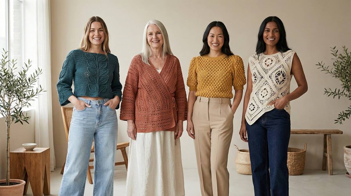 Mulheres sorrindo usando blusas de crochê em tons vibrantes com modelagens variadas em ambiente sofisticado