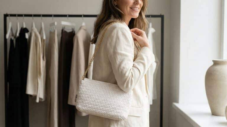 Mulher sorrindo usando bolsa de crochê branca com alça de corrente dourada em ambiente moderno e elegante