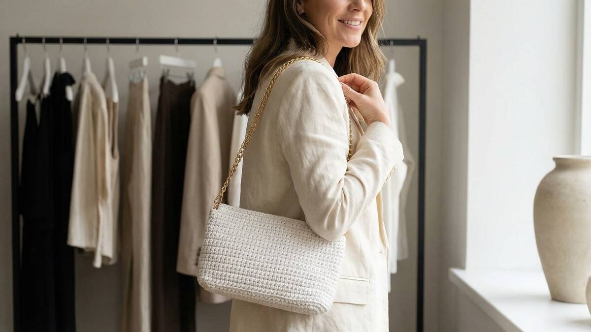 Mulher sorrindo usando bolsa de crochê branca com alça de corrente dourada em ambiente moderno e elegante