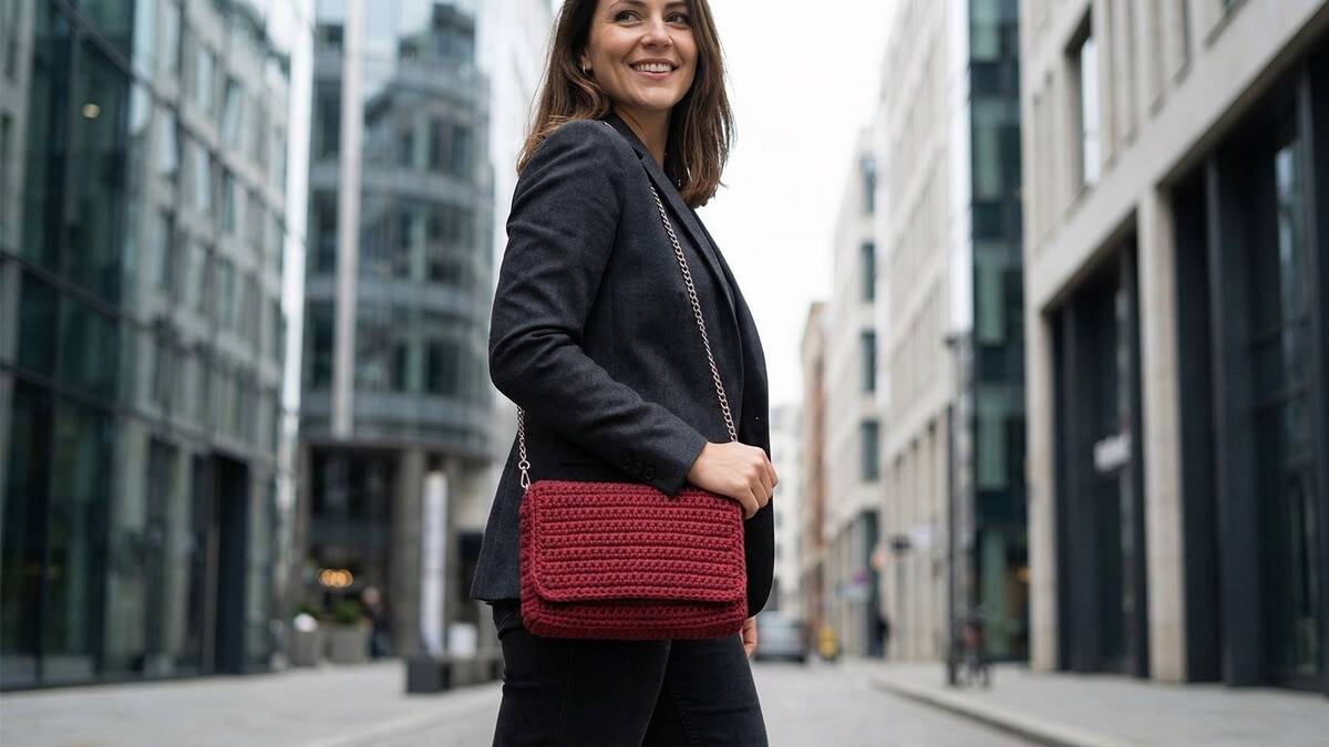 Mulher sorrindo usando bolsa crossbody de crochê vermelha com alça de corrente metálica em ambiente urbano