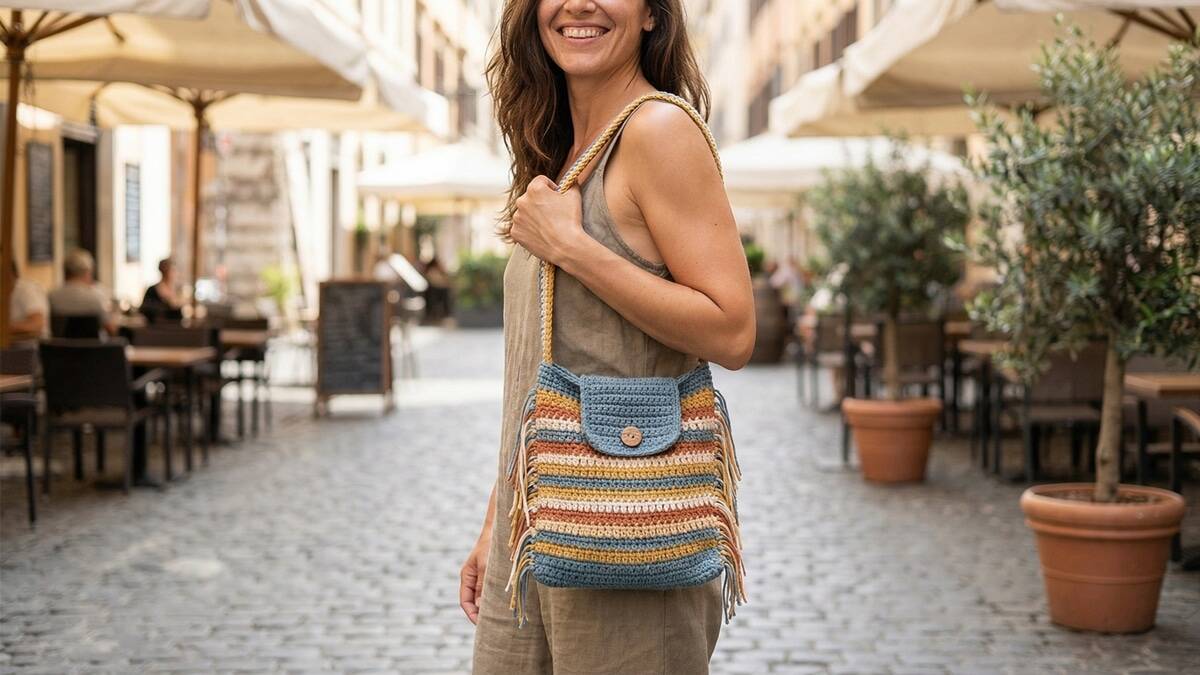 Mulher sorrindo usando bolsinha de crochê colorida em ambiente urbano de verão