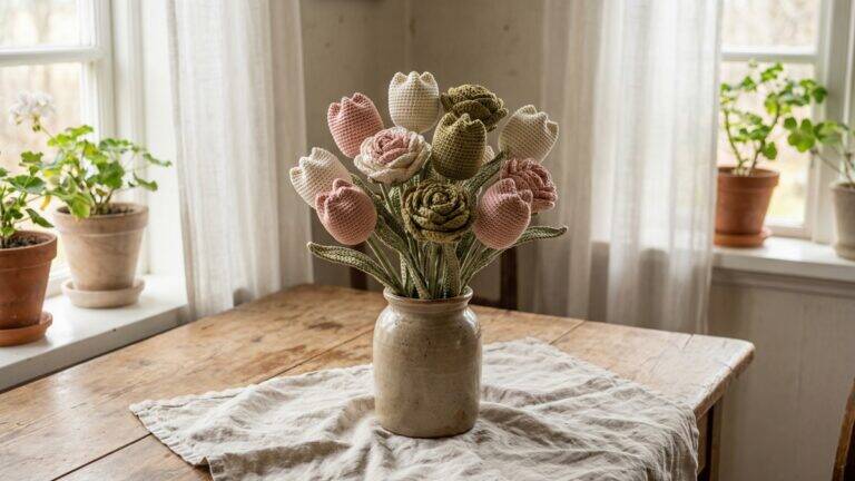 Buquê de crochê com tulipas e rosas em tons rosa e off-white em ambiente delicado