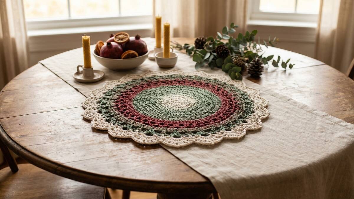 Centro de mesa de crochê em tons festivos sobre mesa decorada para fim de ano