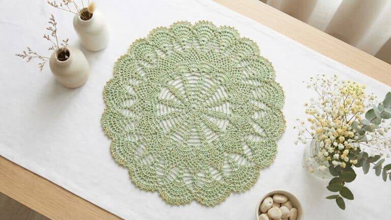 Mesa com centro de crochê redondo verde claro e detalhes dourados sobre toalha branca em composição elegante
