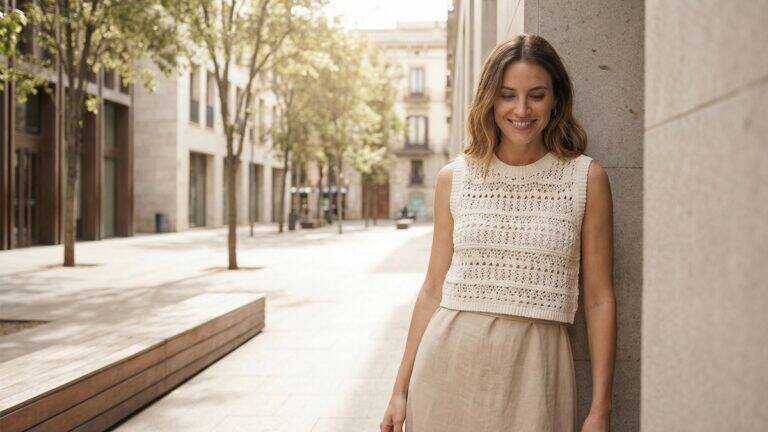Mulher sorrindo usando colete cropped de crochê off-white sobre vestido em ambiente urbano de verão