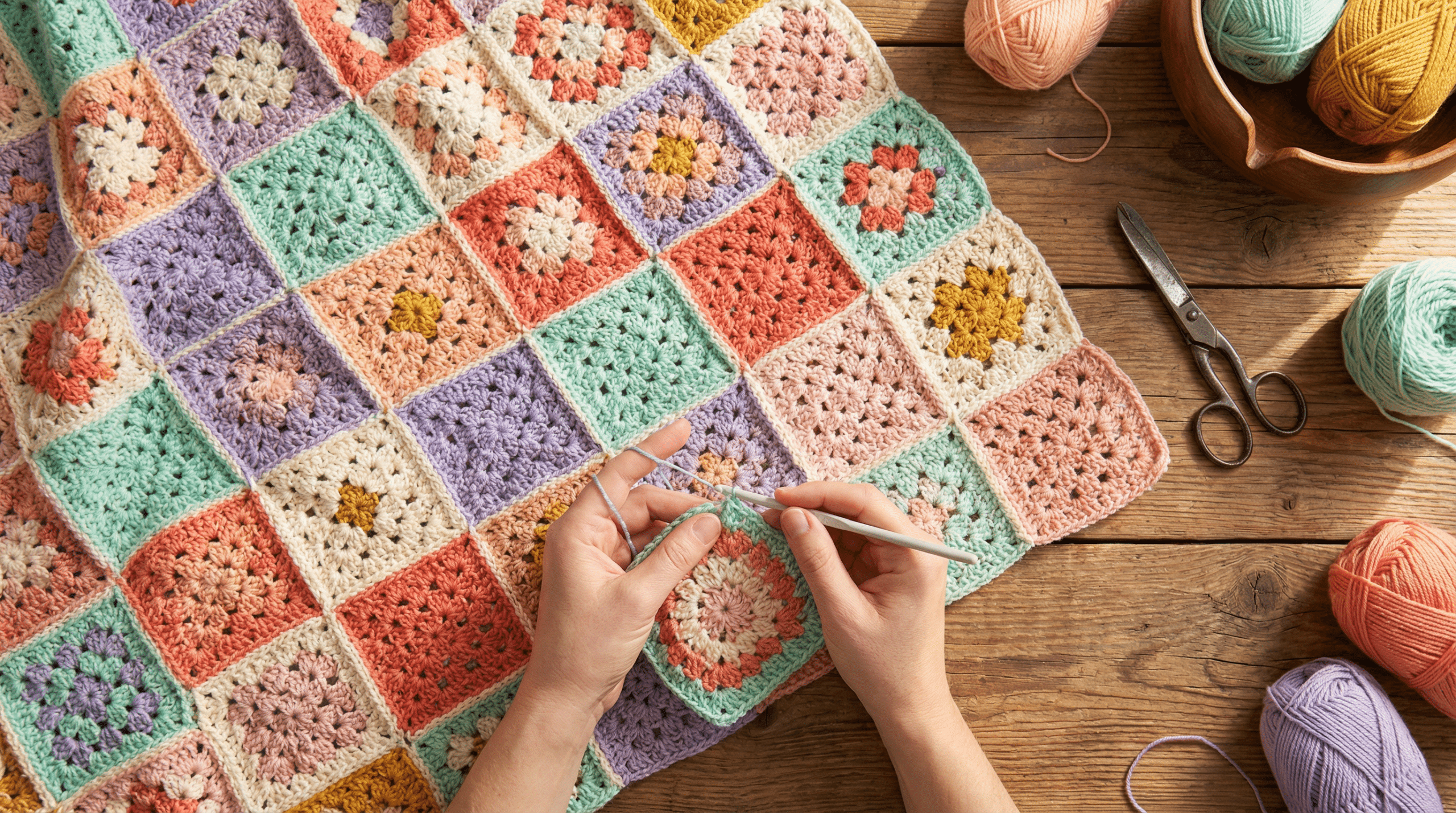 Manta de crochê em quadradinhos coloridos (granny squares), com mãos crocheteando e novelos ao redor.